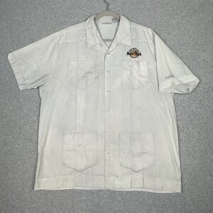 VTG Hard Rock Cafe Guayabera Shirt Mens L Gray Austin Rockabilly‎ Embroidered